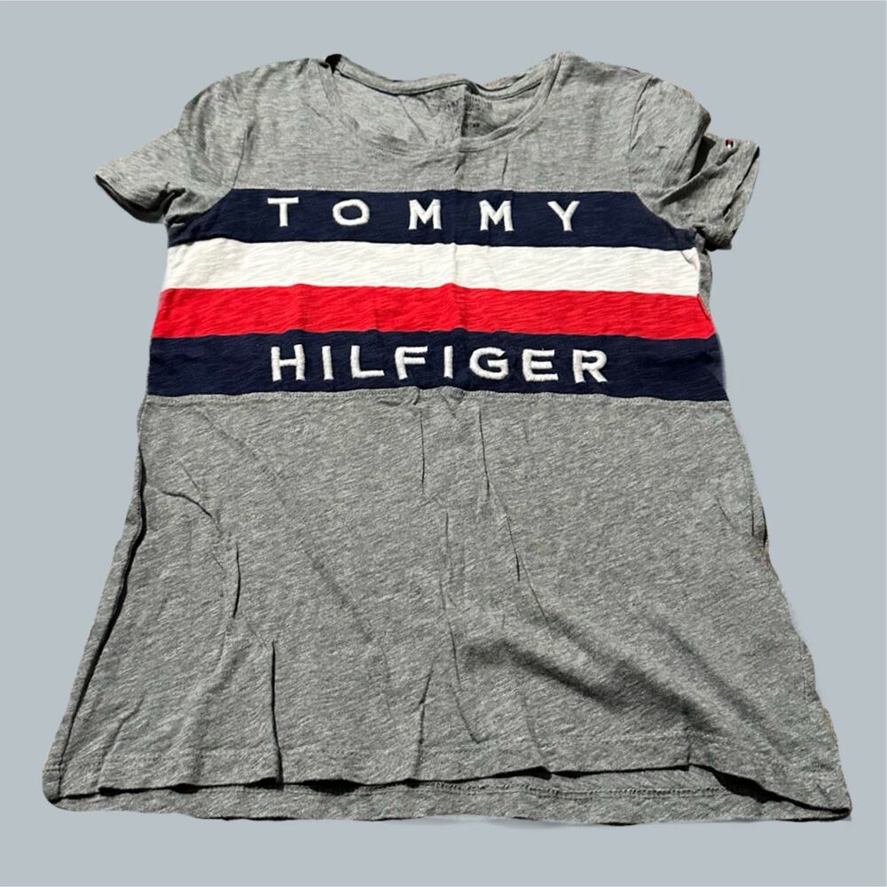 Tommy Hilfiger Women's grey logo t shirt top xs extra small relaxed fit